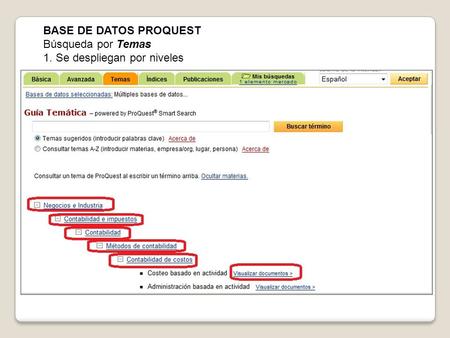 BASE DE DATOS PROQUEST Búsqueda por Temas 1. Se despliegan por niveles.