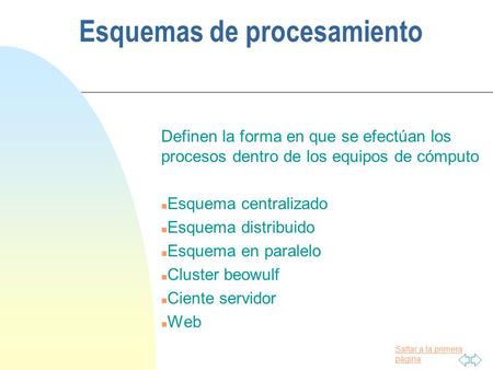 Saltar a la primera página Esquemas de procesamiento Definen la forma en que se efectúan los procesos dentro de los equipos de cómputo n Esquema centralizado.