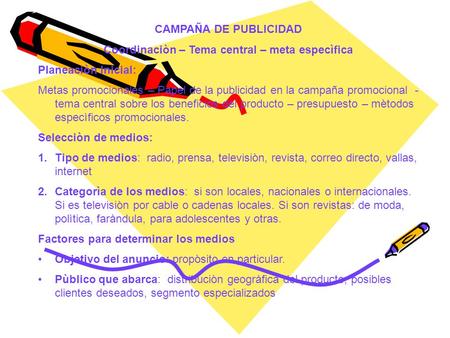CAMPAÑA DE PUBLICIDAD Coordinaciòn – Tema central – meta especìfica Planeaciòn Inicial: Metas promocionales – Papel de la publicidad en la campaña promocional.