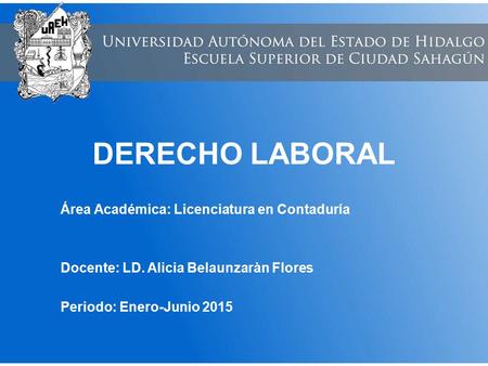 DERECHO LABORAL Área Académica: Licenciatura en Contaduría Docente: LD. Alicia Belaunzaràn Flores Periodo: Enero-Junio 2015.