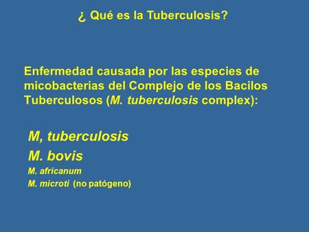 Enfermedad causada por las especies de micobacterias del Complejo de los Bacilos Tuberculosos (M. tuberculosis complex): M, tuberculosis M. bovis M. africanum.