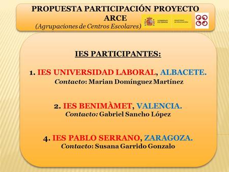 IES PARTICIPANTES: 1. IES UNIVERSIDAD LABORAL, ALBACETE. Contacto: Marian Domínguez Martínez 2. IES BENIMÀMET, VALENCIA. Contacto: Gabriel Sancho López.