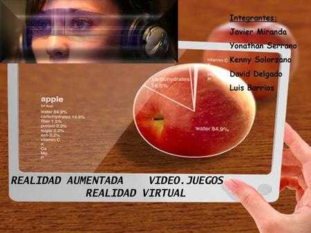 REALIDAD AUMENTADA VIDEO.JUEGOS REALIDAD VIRTUAL Integrantes: Javier Miranda Yonathan Serrano Kenny Solorzano David Delgado Luis Barrios.