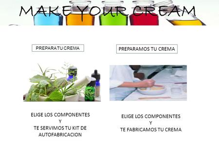 PREPARA TU CREMA PREPARAMOS TU CREMA ELIGE LOS COMPONENTES Y TE SERVIMOS TU KIT DE AUTOFABRICACION ELIGE LOS COMPONENTES Y TE FABRICAMOS TU CREMA MAKE.