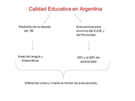 Calidad Educativa en Argentina Mediados de la década del ´90 Evaluaciones para alumnos del E.G.B. y del Polimodal. Áreas de Lengua y Matemática. 50% y.