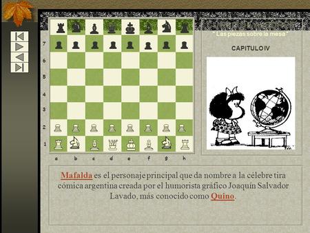 8 7 6 5 4 3 2 1 abcdef g h Mafalda es el personaje principal que da nombre a la célebre tira cómica argentina creada por el humorista gráfico Joaquín Salvador.
