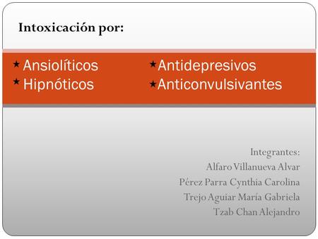 Integrantes: Alfaro Villanueva Alvar Pérez Parra Cynthia Carolina Trejo Aguiar María Gabriela Tzab Chan Alejandro Ansiolíticos Antidepresivos Hipnóticos.