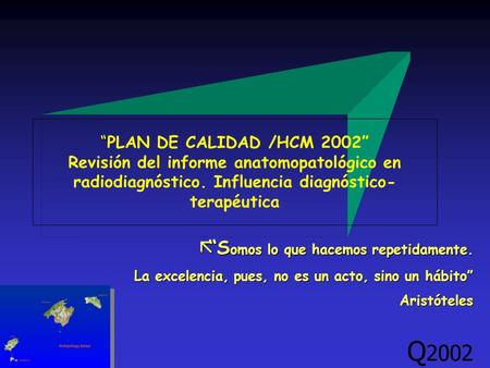 “ “PLAN DE CALIDAD /HCM 2002” Revisión del informe anatomopatológico en radiodiagnóstico. Influencia diagnóstico- terapéutica ã“S omos lo que hacemos repetidamente.