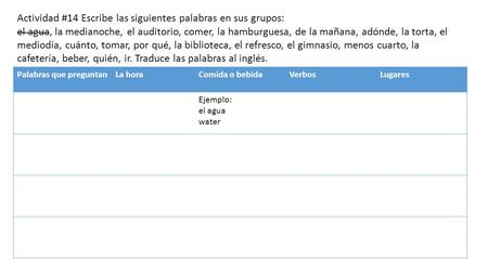 Actividad #14 Escribe las siguientes palabras en sus grupos: el agua, la medianoche, el auditorio, comer, la hamburguesa, de la mañana, adónde, la torta,