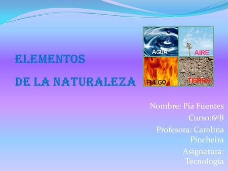 Nombre: Pía Fuentes Curso:6ºB Profesora: Carolina Pincheira Asignatura: Tecnología Elementos de la naturaleza.