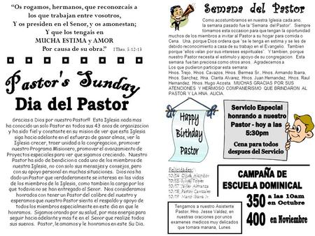 Semana del Pastor Pastor's Sunday Dia del Pastor Servicio Especial