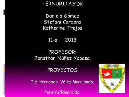 TERNURITAS’DK Daniela Gómez Stefani Cardona Katherine Trejos 11-a 2013 PROFESOR: Jonathan Núñez Yopasa. PROYECTOS I.E Hernando Vélez Marulanda. Pereira/Risaralda.