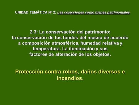 2.3: La conservación del patrimonio: la conservación de los fondos del museo de acuerdo a composición atmosférica, humedad relativa y temperatura. La iluminación.