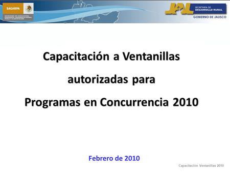 Capacitación Ventanillas 2010 Capacitación a Ventanillas autorizadas para Programas en Concurrencia 2010 Febrero de 2010.