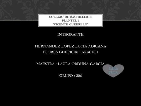INTEGRANTE HERNANDEZ LOPEZ LUCIA ADRIANA FLORES GUERRERO ARACELI MAESTRA : LAURA ORDUÑA GARCIA GRUPO : 206 COLEGIO DE BACHILLERES PLANTEL 6 ¨VICENTE GUERRERO¨