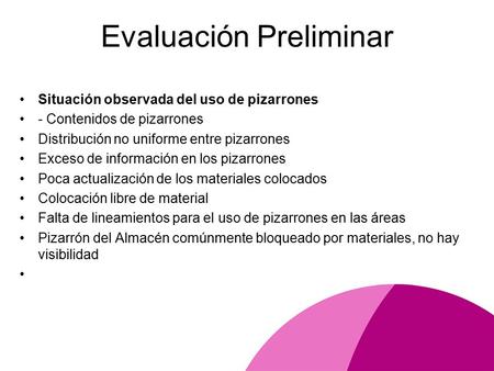 Evaluación Preliminar Situación observada del uso de pizarrones - Contenidos de pizarrones Distribución no uniforme entre pizarrones Exceso de información.