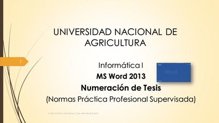 UNIVERSIDAD NACIONAL DE AGRICULTURA Informática I MS Word 2013 Numeración de Tesis (Normas Práctica Profesional Supervisada) III Año IA UNA. Informática.