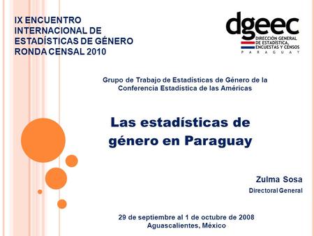 IX ENCUENTRO INTERNACIONAL DE ESTADÍSTICAS DE GÉNERO RONDA CENSAL 2010 Las estadísticas de género en Paraguay 29 de septiembre al 1 de octubre de 2008.