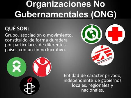 QUÉ SON: Grupo, asociación o movimiento, constituido de forma duradera por particulares de diferentes países con un fin no lucrativo. Organizaciones No.