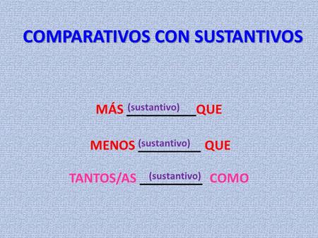 COMPARATIVOS CON SUSTANTIVOS MÁS __________QUE MENOS _________ QUE TANTOS/AS _________ COMO (sustantivo)