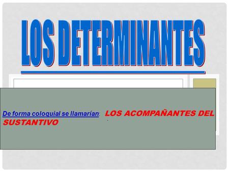 LOS DETERMINANTES . De forma coloquial se llamarían: LOS ACOMPAÑANTES DEL SUSTANTIVO.