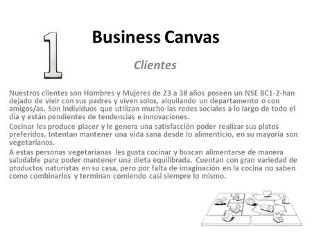 Business Canvas Clientes Nuestros clientes son Hombres y Mujeres de 23 a 38 años poseen un NSE BC1-2-han dejado de vivir con sus padres y viven solos,