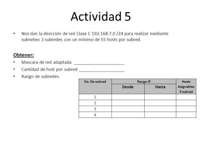 Actividad 5 Nos dan la dirección de red Clase C 192.168.7.0 /24 para realizar mediante subneteo 3 subredes con un mínimo de 55 hosts por subred. Obtener: