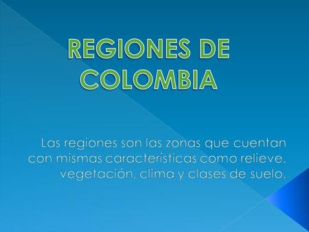 REGIONES DE COLOMBIA Las regiones son las zonas que cuentan con mismas características como relieve, vegetación, clima y clases de suelo.