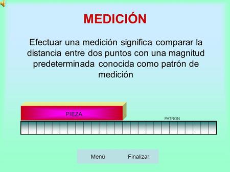 MEDICIÓN Efectuar una medición significa comparar la distancia entre dos puntos con una magnitud predeterminada conocida como patrón de medición PIEZA.