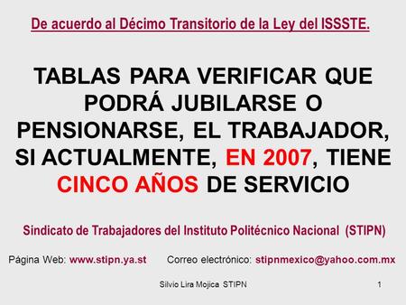Silvio Lira Mojica STIPN1 TABLAS PARA VERIFICAR QUE PODRÁ JUBILARSE O PENSIONARSE, EL TRABAJADOR, SI ACTUALMENTE, EN 2007, TIENE CINCO AÑOS DE SERVICIO.