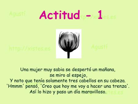 Actitud - 1 Una mujer muy sabia se despertó un mañana, se miro al espejo, Y noto que tenía solamente tres cabellos en su cabeza. 'Hmmm' pensó, 'Creo.