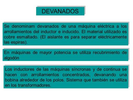 DEVANADOS Se denominam devanados de una máquina eléctrica a los arrollamientos del inductor e inducido. El material utilizado es cobre esmaltado. (El aislante.