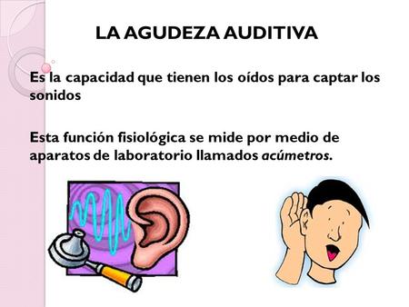 LA AGUDEZA AUDITIVA Es la capacidad que tienen los oídos para captar los sonidos Esta función fisiológica se mide por medio de aparatos de laboratorio.