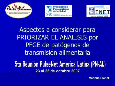 Aspectos a considerar para PRIORIZAR EL ANALISIS por PFGE de patógenos de transmisión alimentaria 23 al 25 de octubre 2007 Mariana Pichel.