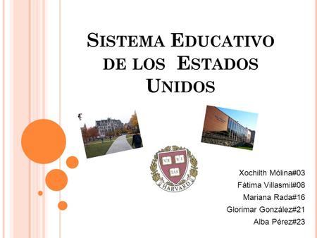 S ISTEMA E DUCATIVO DE LOS E STADOS U NIDOS Xochilth Mólina#03 Fátima Villasmil#08 Mariana Rada#16 Glorimar González#21 Alba Pérez#23.