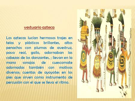 Vestuario azteca Los aztecas lucían hermosos trajes en telas y plásticos brillantes, altos penachos con plumas de avestruz, pavo real, gallo, adornaban.