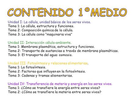 CONTENIDO 1ºMEDIO Unidad I: La célula, unidad básica de los seres vivos. Tema 1: La célula, estructura y funciones. Tema 2: Composición química de la célula.