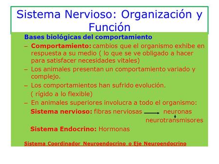 Sistema Nervioso: Organización y Función Bases biológicas del comportamiento – Comportamiento: cambios que el organismo exhibe en respuesta a su medio.