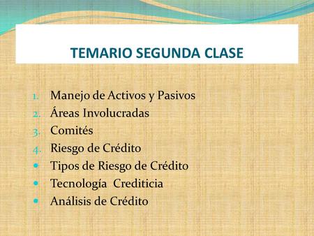 TEMARIO SEGUNDA CLASE Manejo de Activos y Pasivos Áreas Involucradas