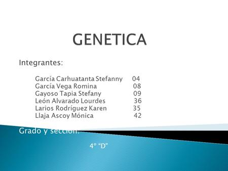 GENETICA Grado y sección: Integrantes: García Carhuatanta Stefanny 04