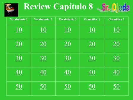 Review Capítulo 8 Vocabulario 1Vocabulario 2Vocabulario 3Gramática 1Gramática 2 10 20 30 40 50.