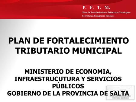 PLAN DE FORTALECIMIENTO TRIBUTARIO MUNICIPAL MINISTERIO DE ECONOMIA, INFRAESTRUCUTURA Y SERVICIOS PÚBLICOS GOBIERNO DE LA PROVINCIA DE SALTA.