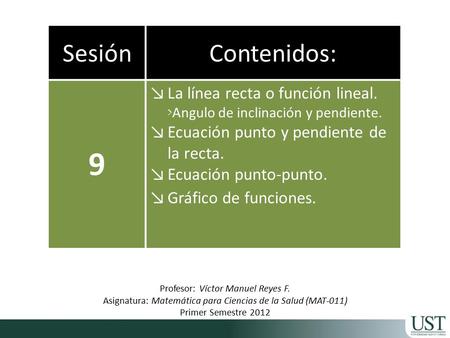 9 Sesión Contenidos: La línea recta o función lineal.