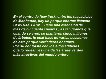 En el centro de New York, entre los rascacielos de Manhattan, hay un parque enorme llamado CENTRAL PARK. Tiene una extensión de más de cincuenta cuadras,