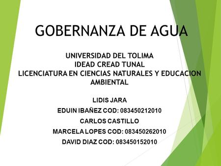 GOBERNANZA DE AGUA LIDIS JARA EDUIN IBAÑEZ COD: 083450212010 CARLOS CASTILLO MARCELA LOPES COD: 083450262010 DAVID DIAZ COD: 083450152010 UNIVERSIDAD DEL.