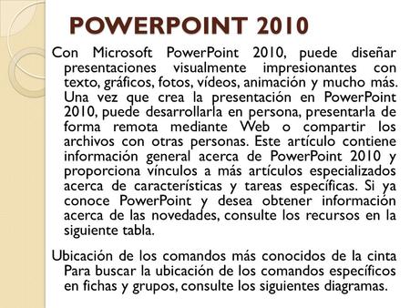 POWERPOINT 2010 Con Microsoft PowerPoint 2010, puede diseñar presentaciones visualmente impresionantes con texto, gráficos, fotos, vídeos, animación y.