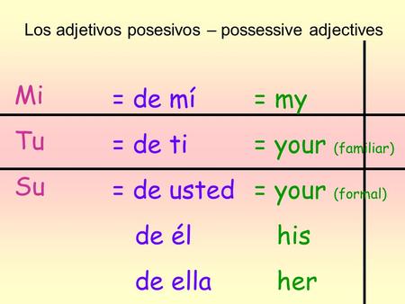 Mi Tu Su = de mí = de ti = de usted de él de ella = my