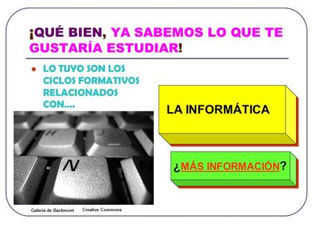 ¡ QUÉ BIEN, YA SABEMOS LO QUE TE GUSTARÍA ESTUDIAR! LO TUYO SON LOS CICLOS FORMATIVOS RELACIONADOS CON…. ¿ MÁS INFORMACIÓN ? MÁS INFORMACIÓN ¿ MÁS INFORMACIÓN.