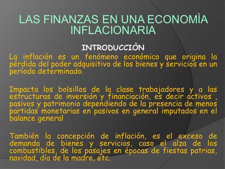 LAS FINANZAS EN UNA ECONOMÌA INFLACIONARIA