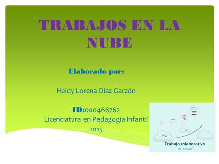 TRABAJOS EN LA NUBE Elaborado por: Heidy Lorena Díaz Garzón ID: 000466762 Licenciatura en Pedagogía Infantil 2015.